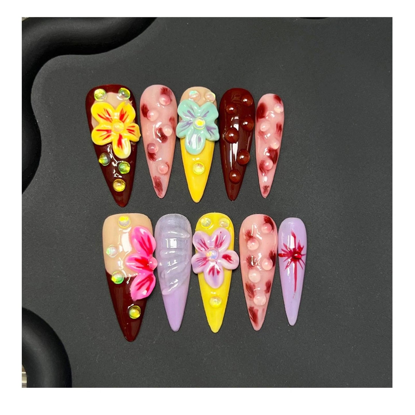Handmade 3D Sweet Retro Floral Stiletto Press On Nails, Colorful Rhinestone Artisan Nails Set, Reusable Glossy Press-ons with Tool Kit (XS)