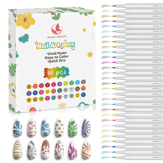 30 Metallic Colors Nail Art Pens Set, 3D Acrylic Paint Nail Polish Pens for Drawing & Dotting, Quick-Drying Nail Markers with Fine Tip, Manicure Design Tools for DIY Nail Art at Home & Salon