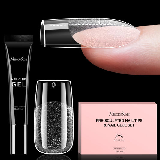 MelodySusie Square Gel Nail Tips Kit-300Pcs 15 Sizes Pre-Building Apex Fake Nail Tips 20gSolid Nail Glue Gel,Half Matte Full Cover Clear Acrylic Nail,Thick Strong Long Lasting for Home DIY&Salon