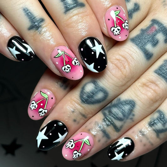 IMSOHOT Halloween Press on Nails - Short Oval Fake Nails, Pink Black, Cute Ghost Cherry Designs, Full Cover Round Acrylic False Nails for Women Girls 24Pcs