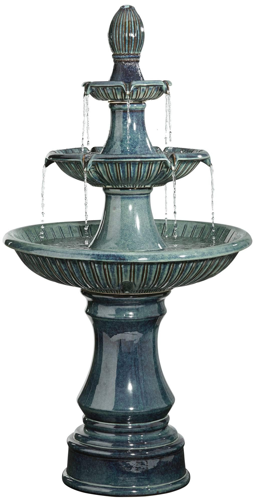 Formentera 46" High Large Italian Indoor Outdoor Decor Teal Blue Ceramic Floor Fountain with Light LED Waterfall 3-Tier Standing Water Feature for Outside Garden Patio Yard Backyard - John Timberland