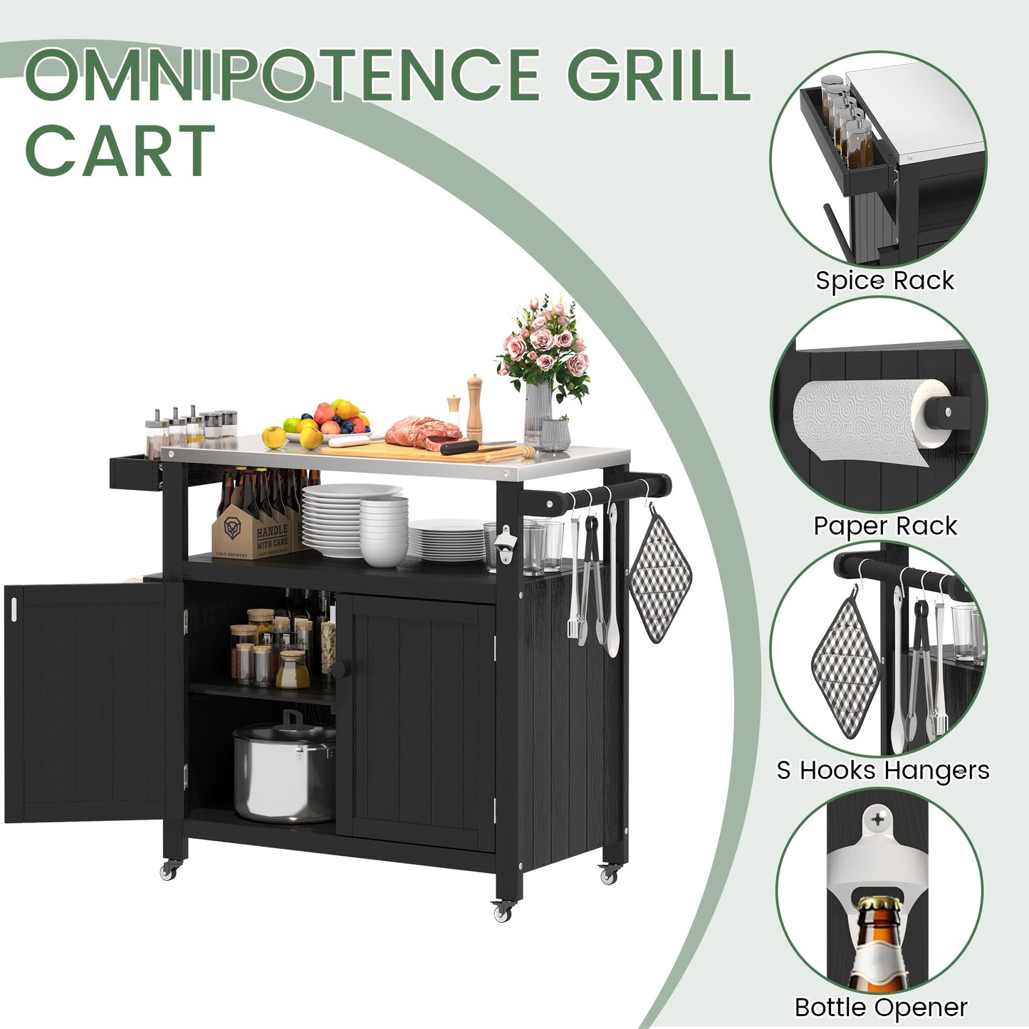 Sunnibety Weatherproof HIPS Outdoor Kitchen Island with Stainless Steel Top & Storage Cabinet, Movable Prep Table with Wheels for BBQ Food Prep, Outdoor Grill Cart for Parties, Black
