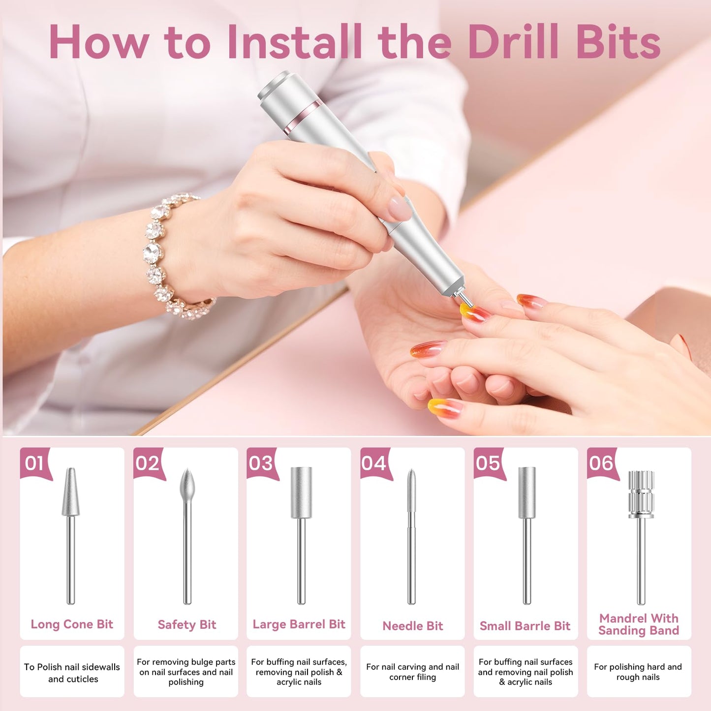 Professional Electric Nail Drill 45,000 RPM + 10pcs Nail Drill Bits & 50pcs Sanding Bands – Cordless Rechargeable Salon Kit for Acrylic, Gel Nails, Cuticle Removal, Shaping & Polishing