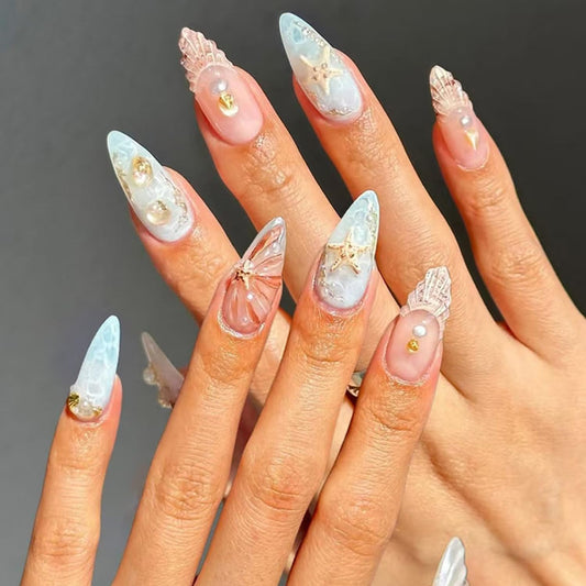 Summer Blue Sea Press on Nails Medium-Length Almond Press on Shell French Tips Fake Nails Starfish False Nails with Pearl Designs Acrylic Nails 3D Waves Texture Stick on Nails for Women Manicure 24Pcs