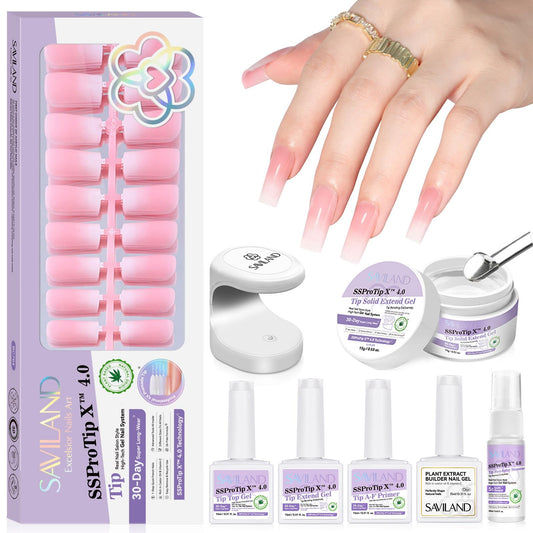 SAVILAND Press On Nails for Women: With Builder Gel for Nails 16 Sizes Long Square French Tip Gel Nail Kit Pink White Ombre U V Nail Glue and Remover Gels Lamp Top Coat and Primer Kit