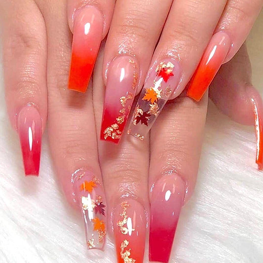 Thanksgiving Press on Nails Long Ballet Shaped Maple Leaf Sequins Design Fall False Nail Full Cover Glossy Gradient Stick on Nail Acrylic Artificial Fingernails Festival Glue on Nails for Women