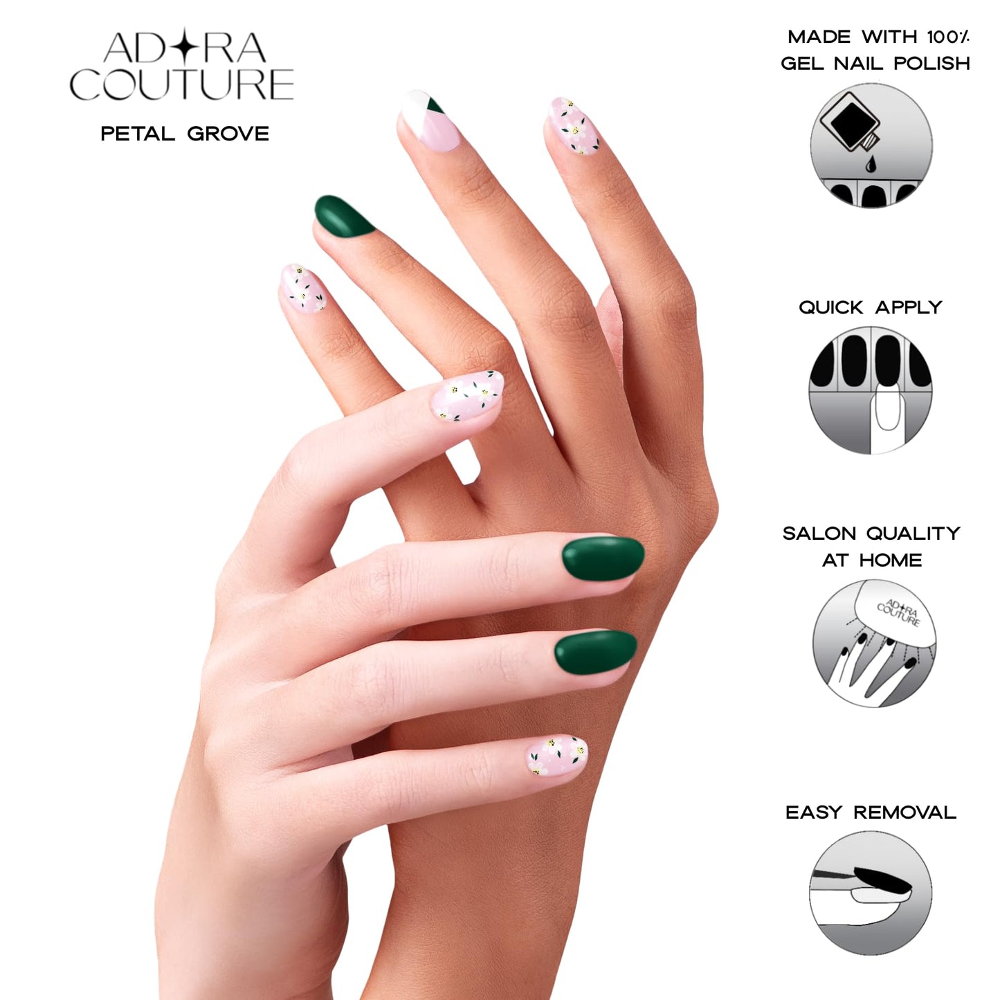 Adora Couture Semi Cured Gel Nail Strips with 30 Pieces, Salon Quality Wraps for Women, Beautiful Deep Green with Floral Accents UV Gel Stickers, UV Light Required, Petal Grove