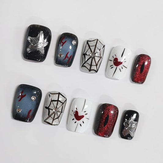 Halloween Press on Nails Short Square Handmade Acrylic Nails 3D Thick Fake Nails with Rhinestones Spider Web Stars Designs Sparkly Black&Red Sturdy Art False Press on Nail 10Pcs(S)