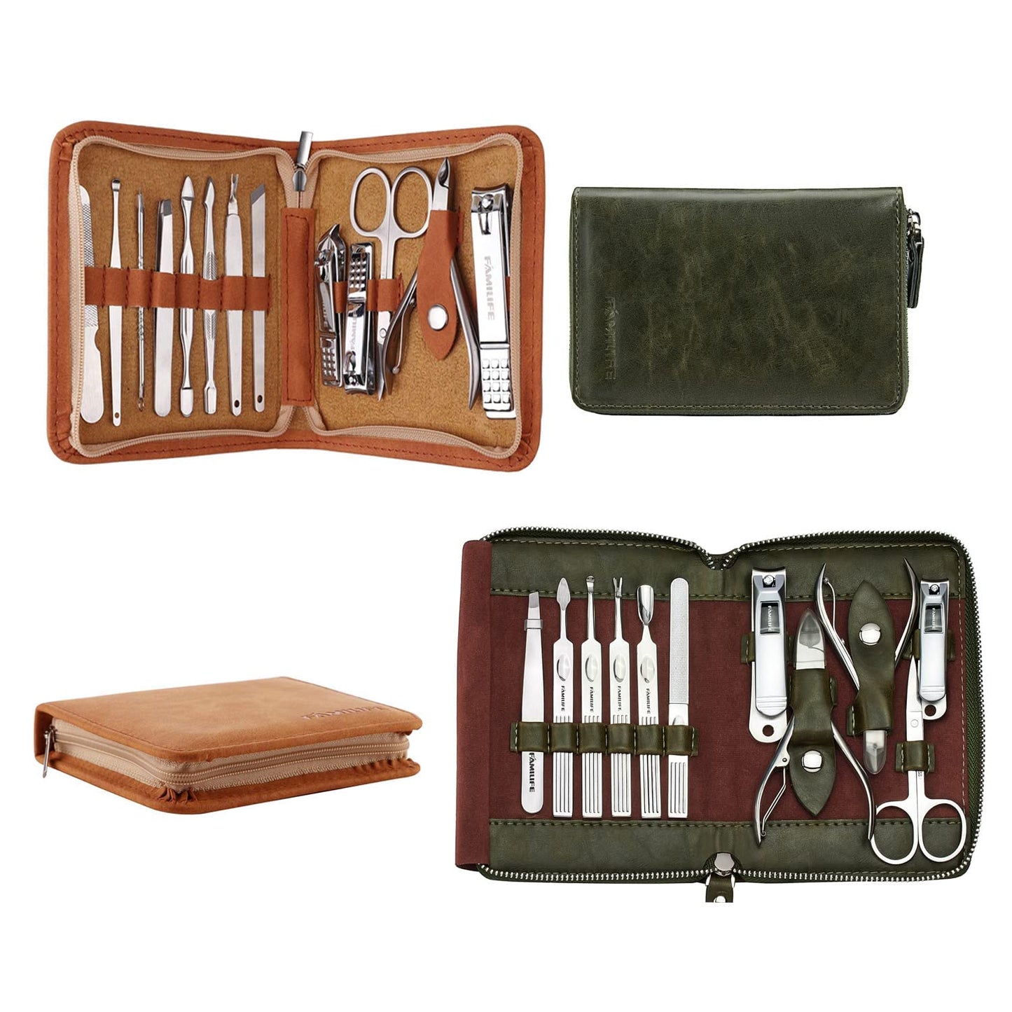 FAMILIFE F03 Manicure Set, Pedicure Kit Nail Clipper Set 13pcs Professional Men Grooming Kit and 11 in 1 Stainless Steel Mens Manicure Kit Leather Pedicure Tools Kit Grooming Kit with Travel Case Box