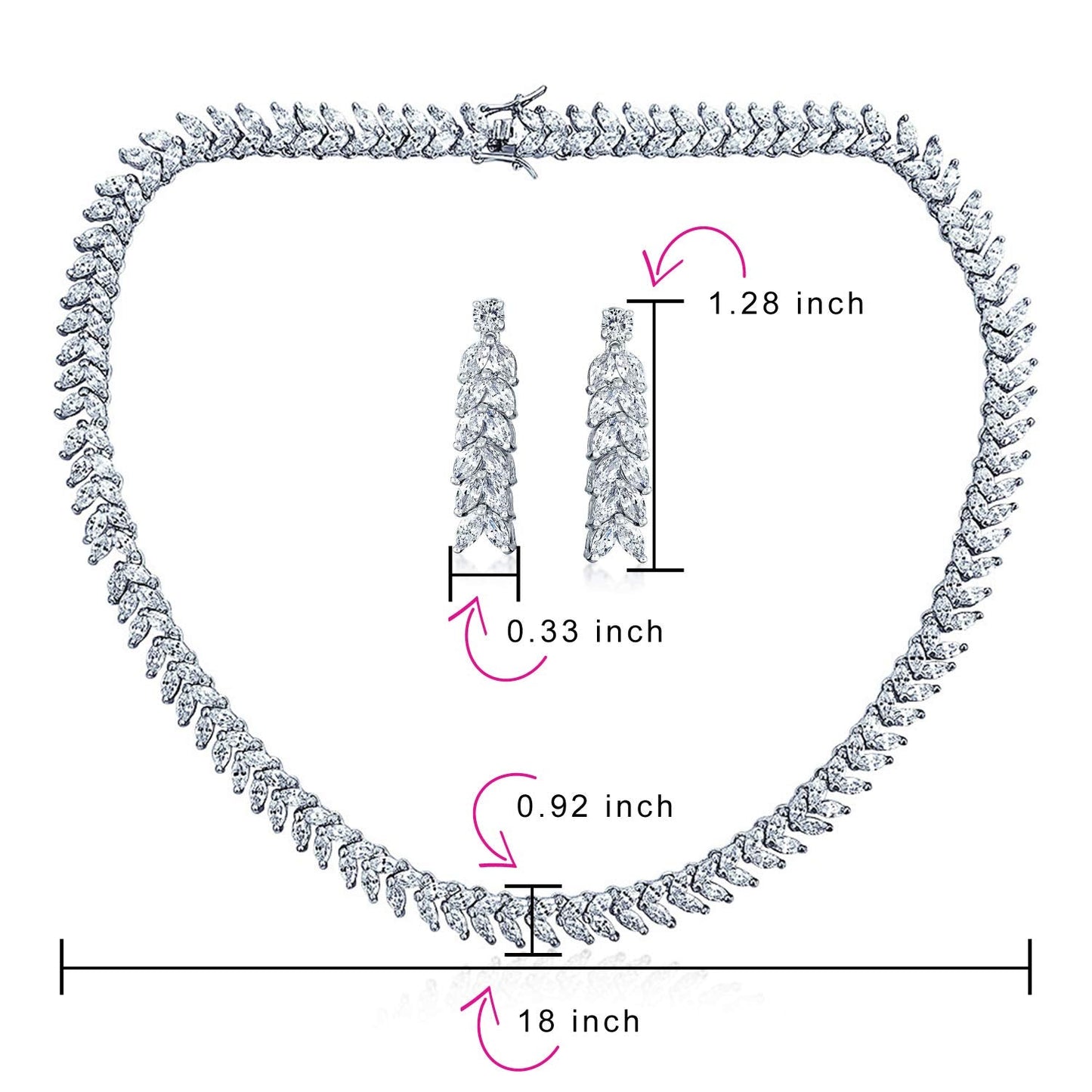 Art Deco Style Fashion Bridal Multi Marquise AAA CZ Statement Collar Tennis Necklace Matching Chandelier Dangle Earrings Jewelry Set For Women Wedding Prom Pageant Silver Plated