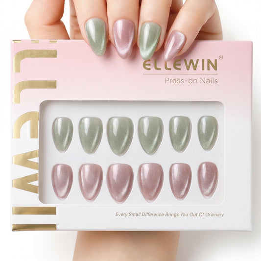 ELLEWIN 60 Pcs Cat Eye Press on Nails Medium Almond - Grass Green & Pink, 15 Sizes Acrylic Glossy Glitter Stick on Nails Set with Glue, Remover & Accessories for Women