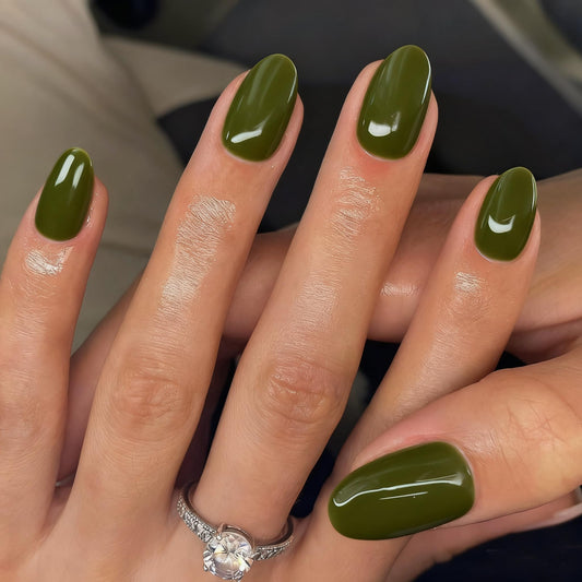 KQueenest Upgrade Thick Acrylic Press on Nails Short Oval, Olive Green Fake Nails for Women Daily Wear, UV Cover Acrylic Nails Press on Short Almond, Natural Fit Glue on Nails in 24 Pcs