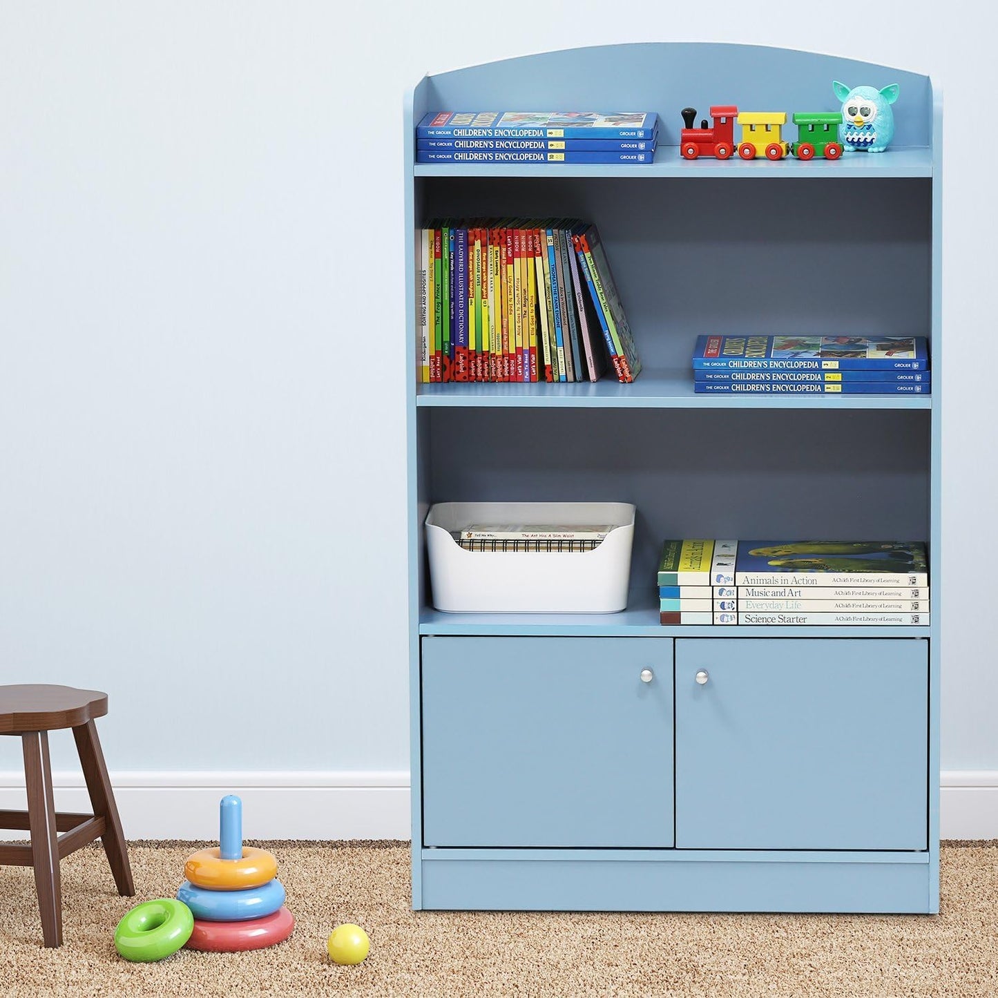 Furinno LOVA Book Shelf, Bookshelf with Storage Cabinet, Bookcase with Door, 11.8 x 23.6 x 37.3, for Living Reoom, Bedroom, Home Office, Light Blue