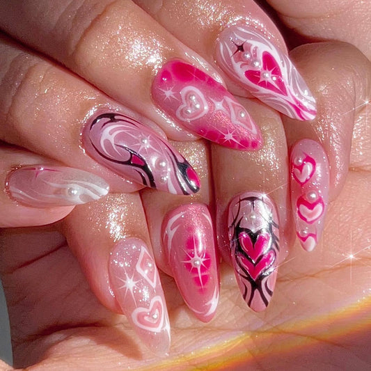 TBRZTR Press on Nails Medium Almond Shaped Love Heart Pearl Design Pink Smudge False Nail Full Cover Glossy Artificial Fingernails Stripes Stick on Nail Reusable Glue on Nails for Women 24Pcs