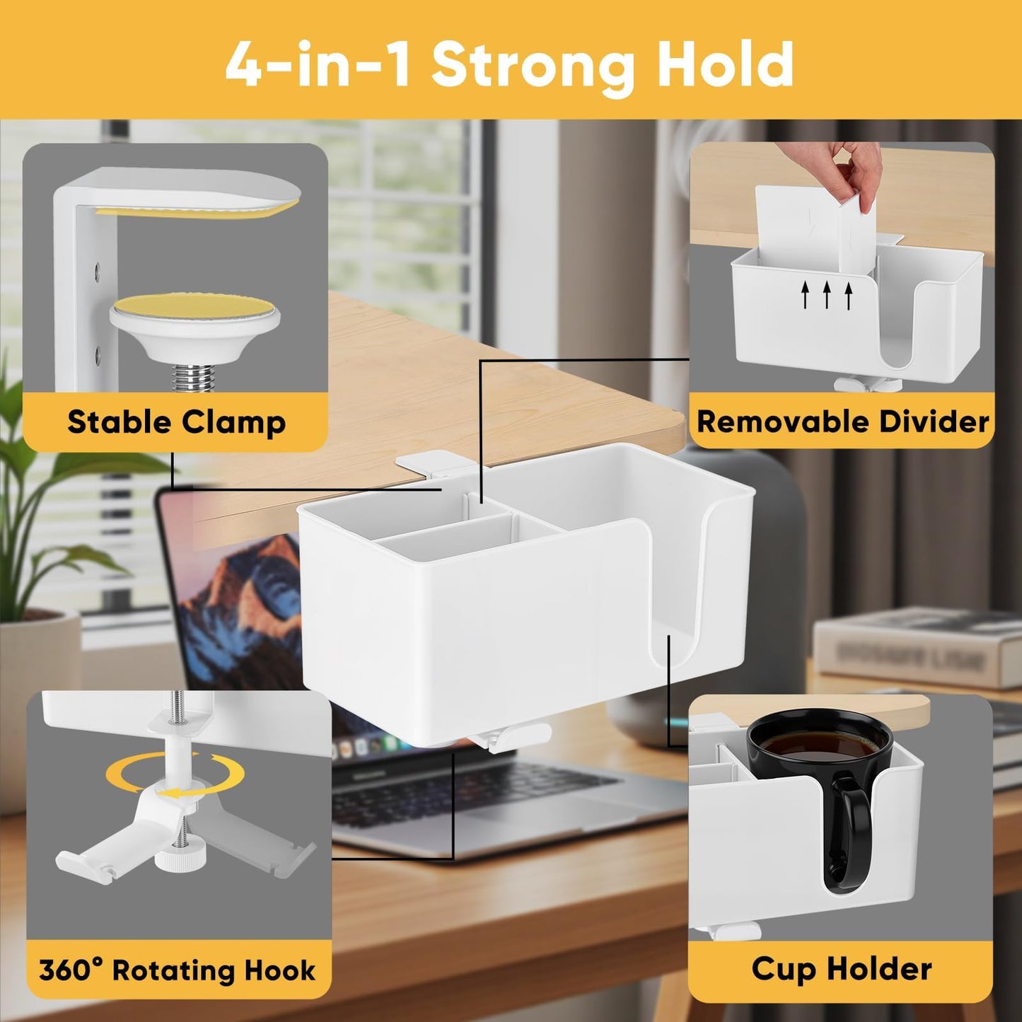4-in-1 Clip On Desk Cup Holder, Fits up to 40oz cups - Mountable Holder with Adjustable Divider & 360° Rotating Hook - No Spill Clamp On Drink Holder Attachment - for Desk Chair Table Bed Tray - White