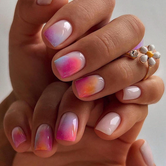 Ombre Pink Purple Press on Nails Short Square Fake Nails with Designs Gradient Orange False Nails Glossy White Stick on Nail Reusable Rainbow Summer Glue on Nail for Women Girls Manicure 24Pcs
