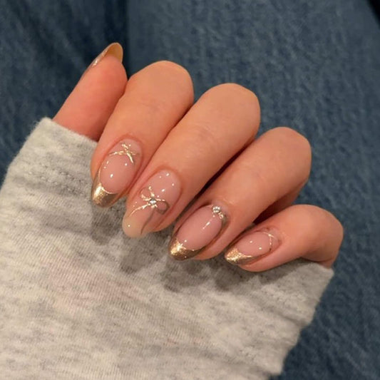 UNA GELLA Press on Nails Almond, 32Pcs 16 Sizes Soft Gel Fake Nails for Women, 3D Chrome Gold Reusable Glue on Nails with Adhesive Tabs, Full Cover False Nails for Daily Wear and Party