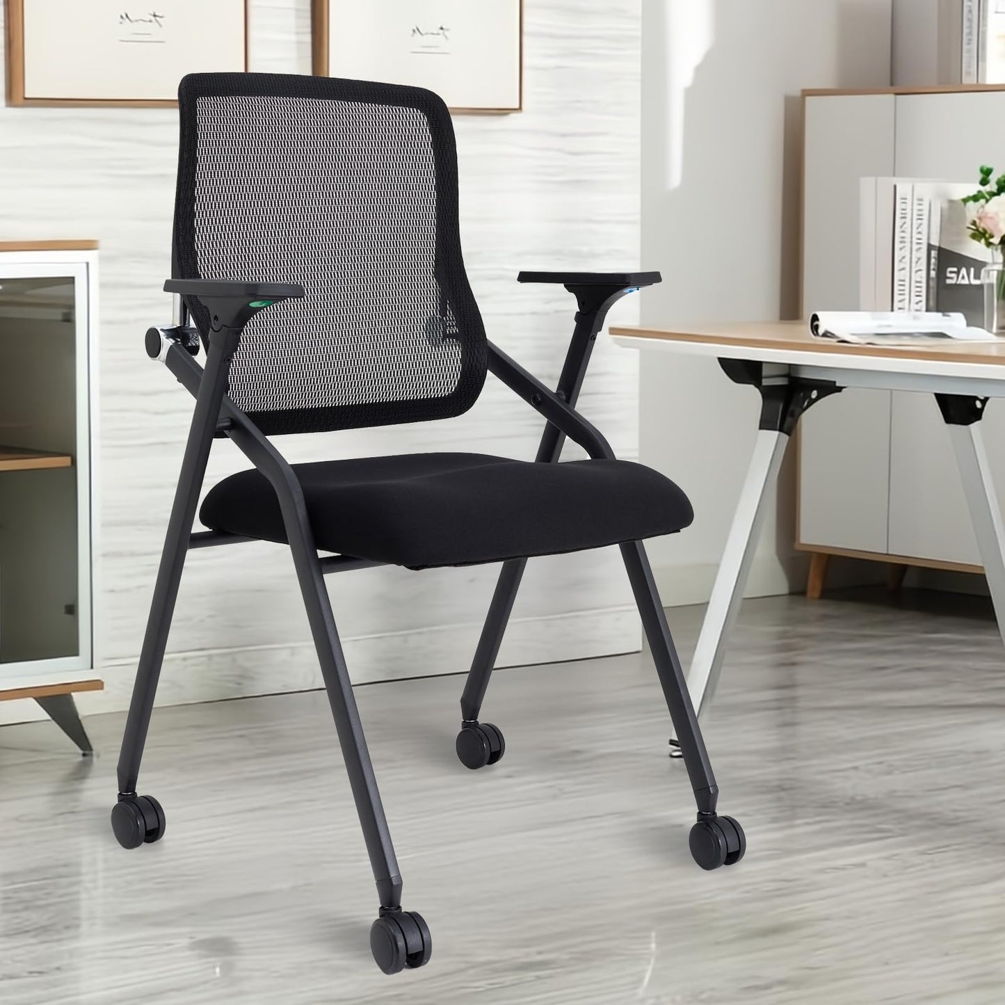 BLANEDUO Updated Conference Room Chairs, Folding Office Desk Chair with Lumbar Support and Sliding Armrest with Casters, Stackable Office Guest Chairs & Reception Chairs, 1 Pack Black