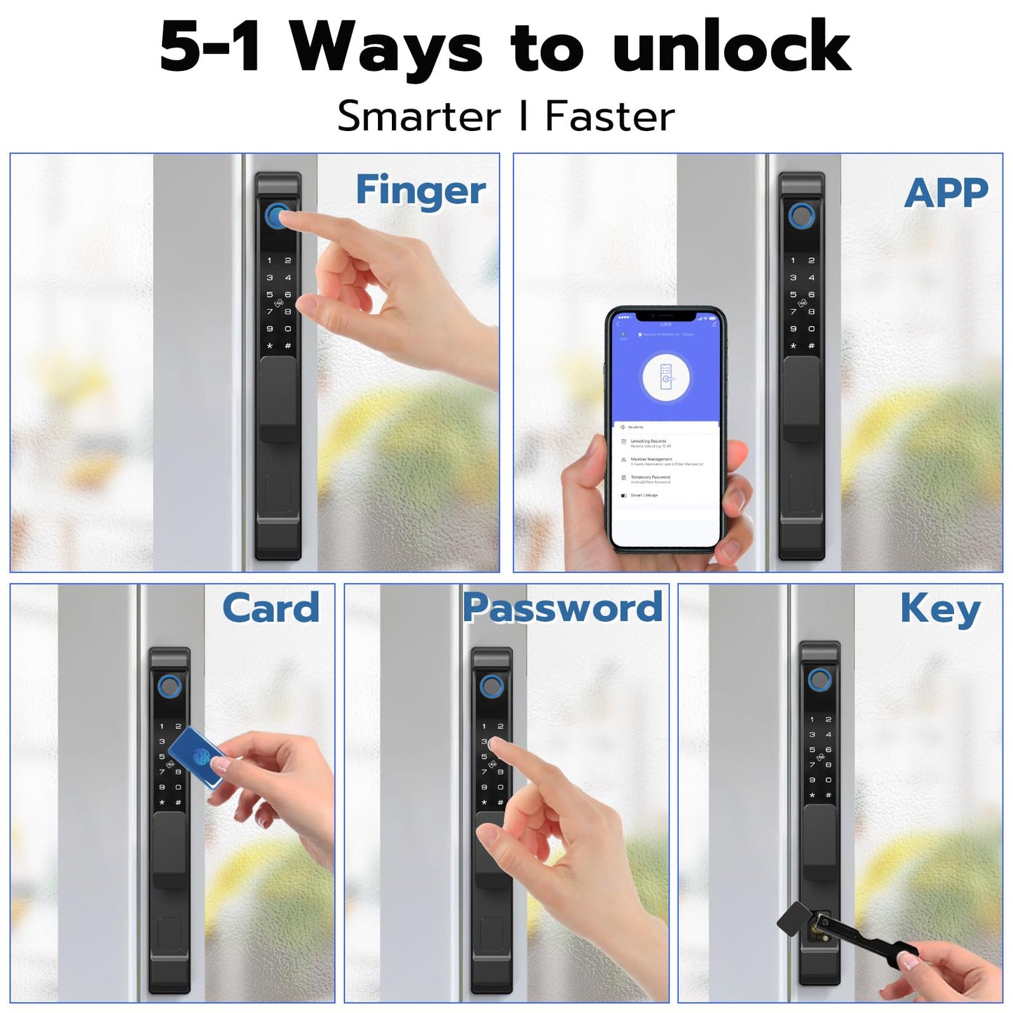 Sliding Glass Door Lock, Dhiedas Sliding Door Smart Lock with Fingerprint RFID Keypad Bluetooth App Electronic Digital Biometric Safety Patio Door Double Hook Slim Mortise Lock Set with Handle