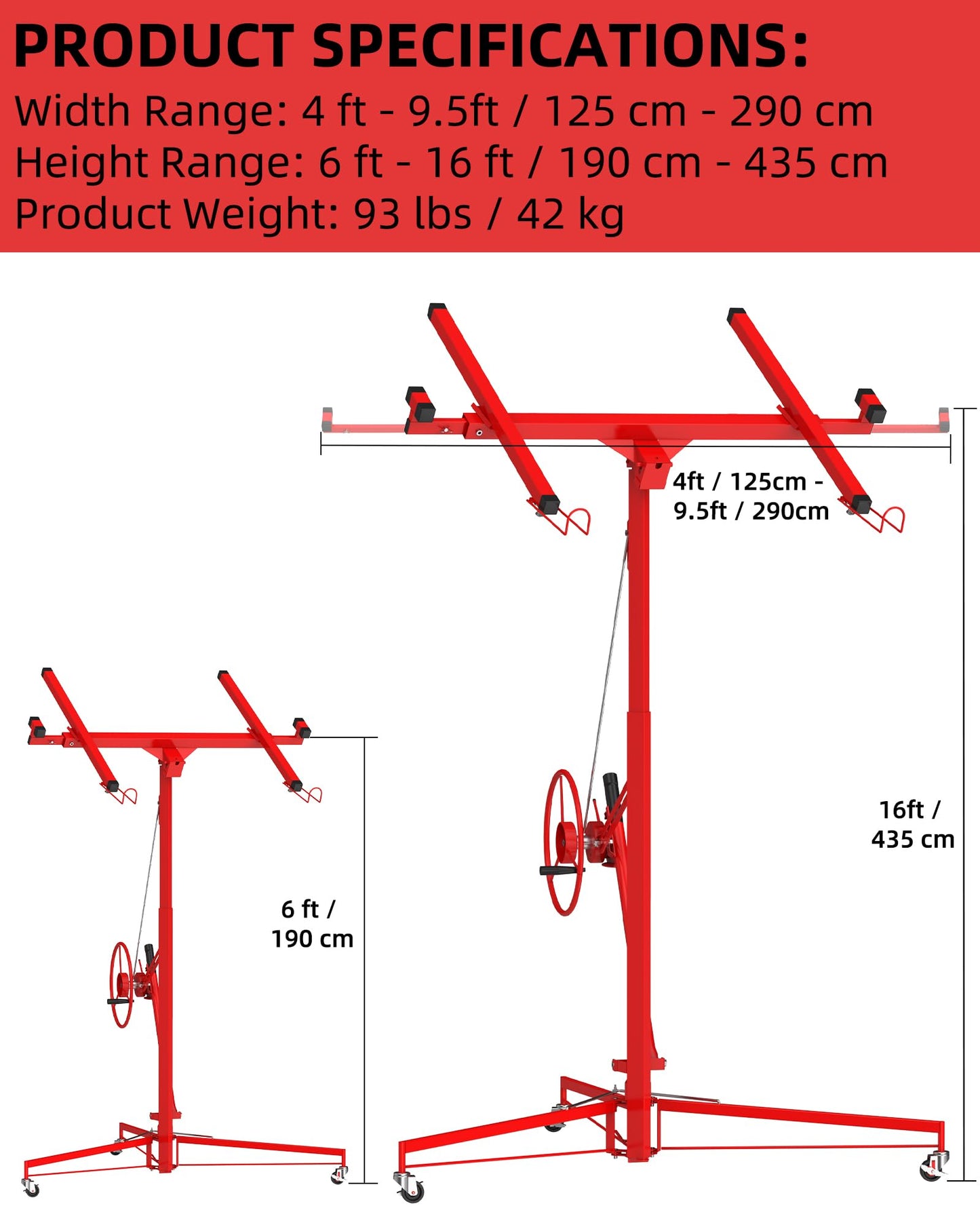16 FT Heavy Duty Drywall Lift Hoist, 150 Lbs Capacity Adjustable Telescoping Panel Jack with 360° Swivel & Locking Wheels for Ceiling & Wall Installation