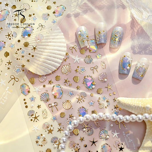 Summer Ocean Nail Art Stickers 5D Embossed Seashell Starfish Nail Stickers Gold Foil Nail Decals with Bow Design Self-Adhesive Y2K Nail Accessories for Women Girls DIY Manicure 1 Sheet