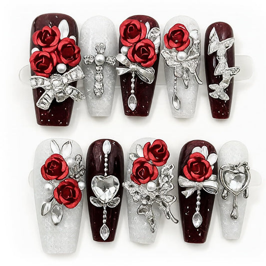 Handmade Press on Nails 10 PCS Long Square 3D Rhinestones Rose & Butterflies Size M Handmade luxury Pearl Charm Layer Gel False Nails for Women(Black&Silver)