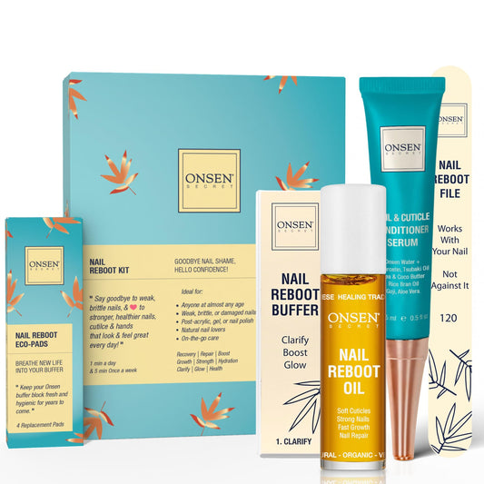 Onsen Secret Complete Nail Reboot Kit w/Cuticle Oil 10ml, Nail File 120/180 Grit Double Sided, A 3-Way Buffer Block & Cuticle Serum-15ml in Action | Super Value Pack