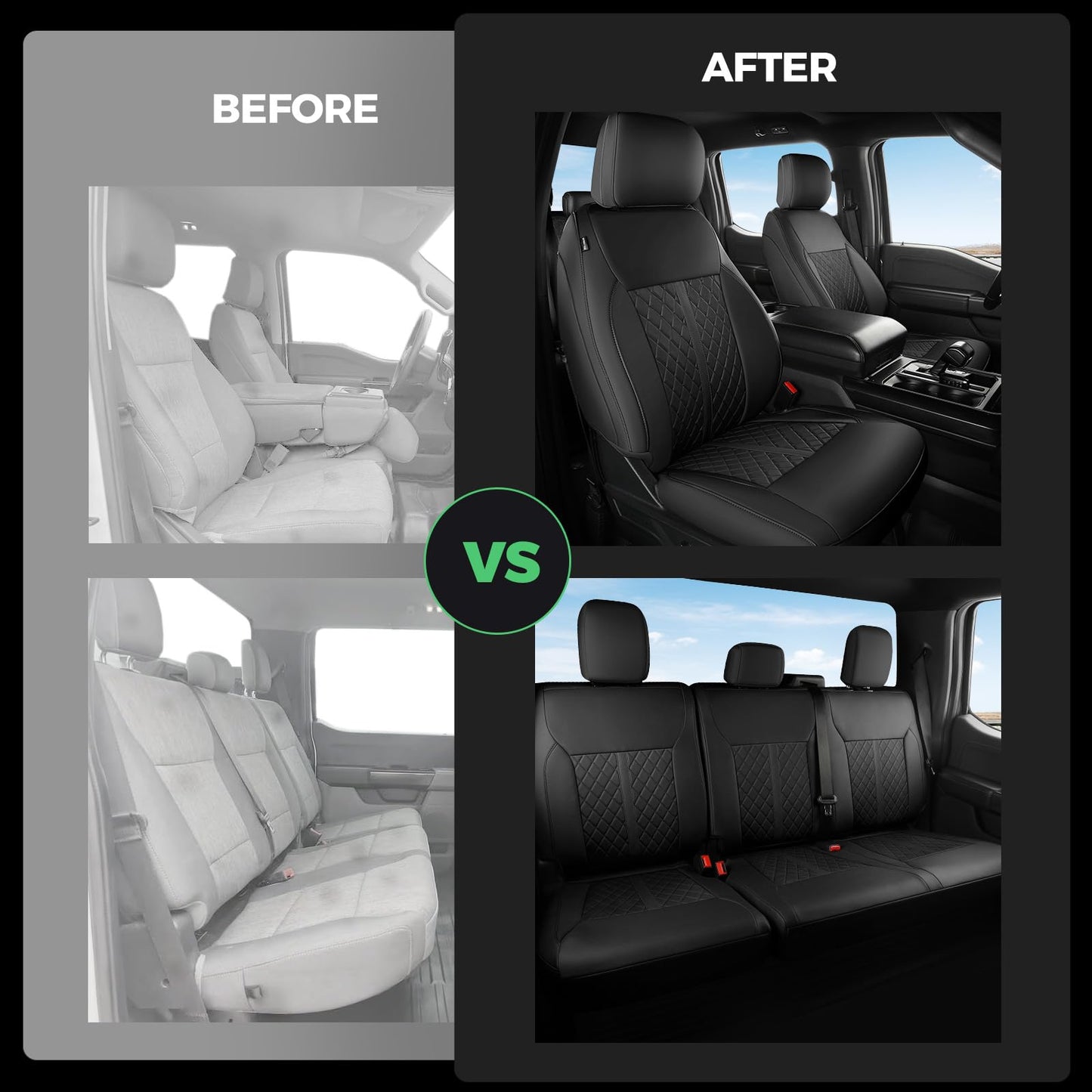 RIDEPOSH for Ford F150 Leather Seat Covers, SuperCrew XL XLT 2021-2025, F250 F350 F450 Super Duty Crew Cab 2023-2025, Custom Truck Seat Cover Full Set, Pickup Accessories, Black (Bucket Seat)