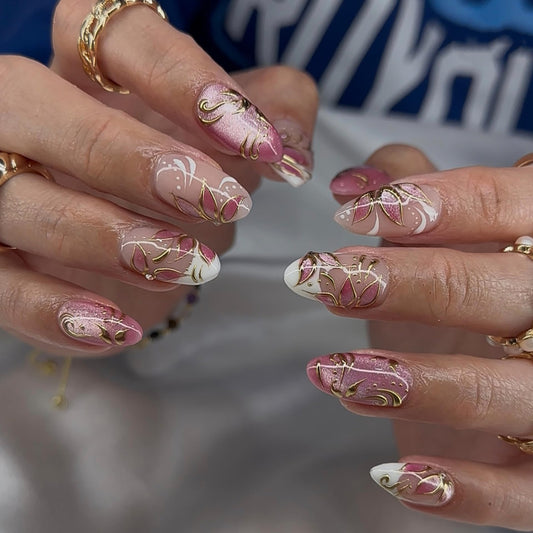 plalely Long Press on Nails Almond, Acrylic Press on Nails with Flower Designs, Long Almond Nail Tips for Women 24pcs