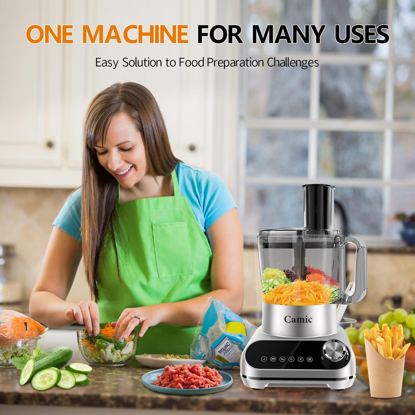 Camic 600W Food Processor, 72OZ Large Capacity Countertop Electric Vegetable Chopper with 6 Preset Programs, Dough Blade, Slicing,Shredding, Whipping attachments for Ice Crushing, Mixing, Chopping