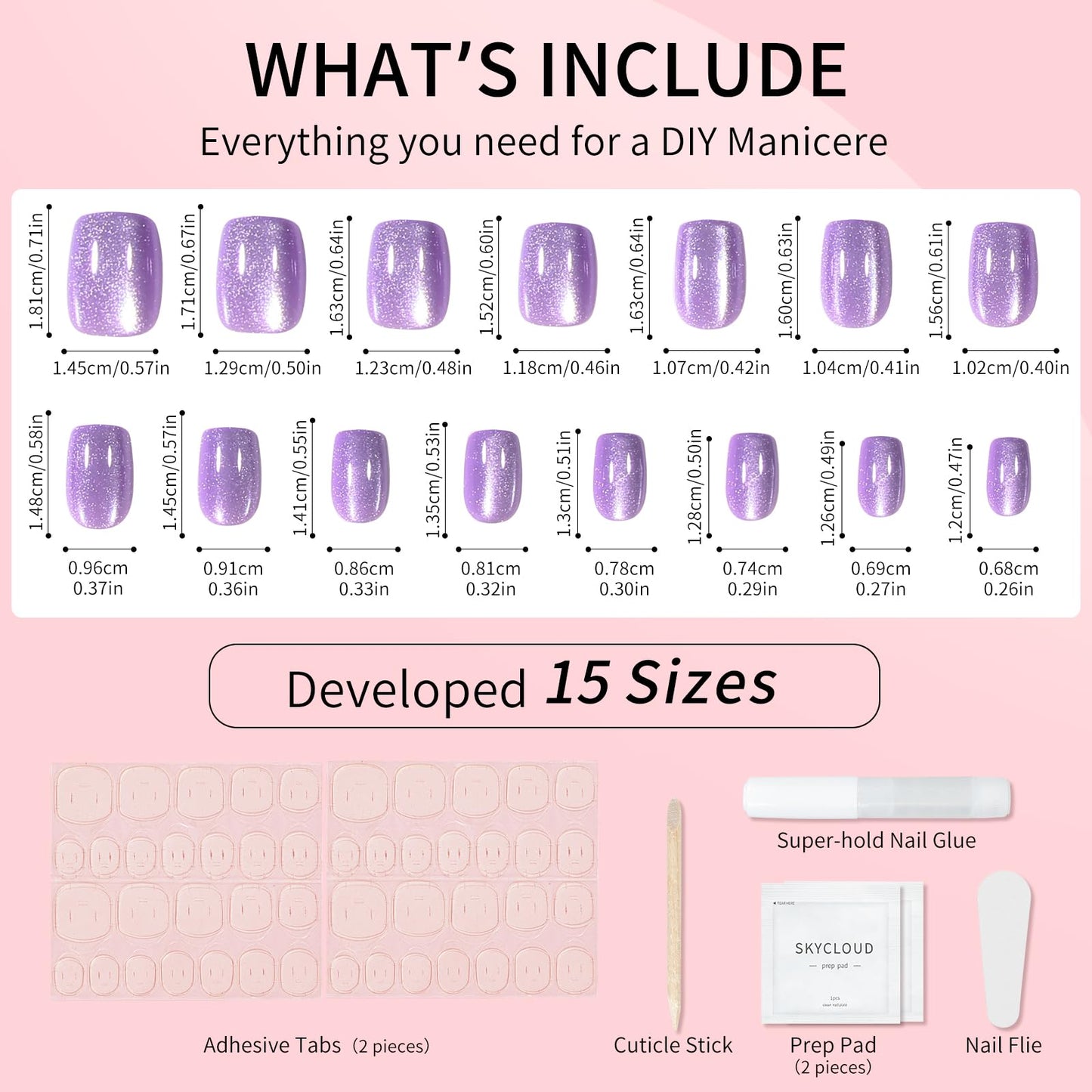Purple Cat Eyes Press On Nails,12 Sizes - 24 Pcs Soft Gel Purple Short Squoval Fake Nails Kit with Nail Glue, Natural Reusable Stick On False Nails for Women and Girls SK1059