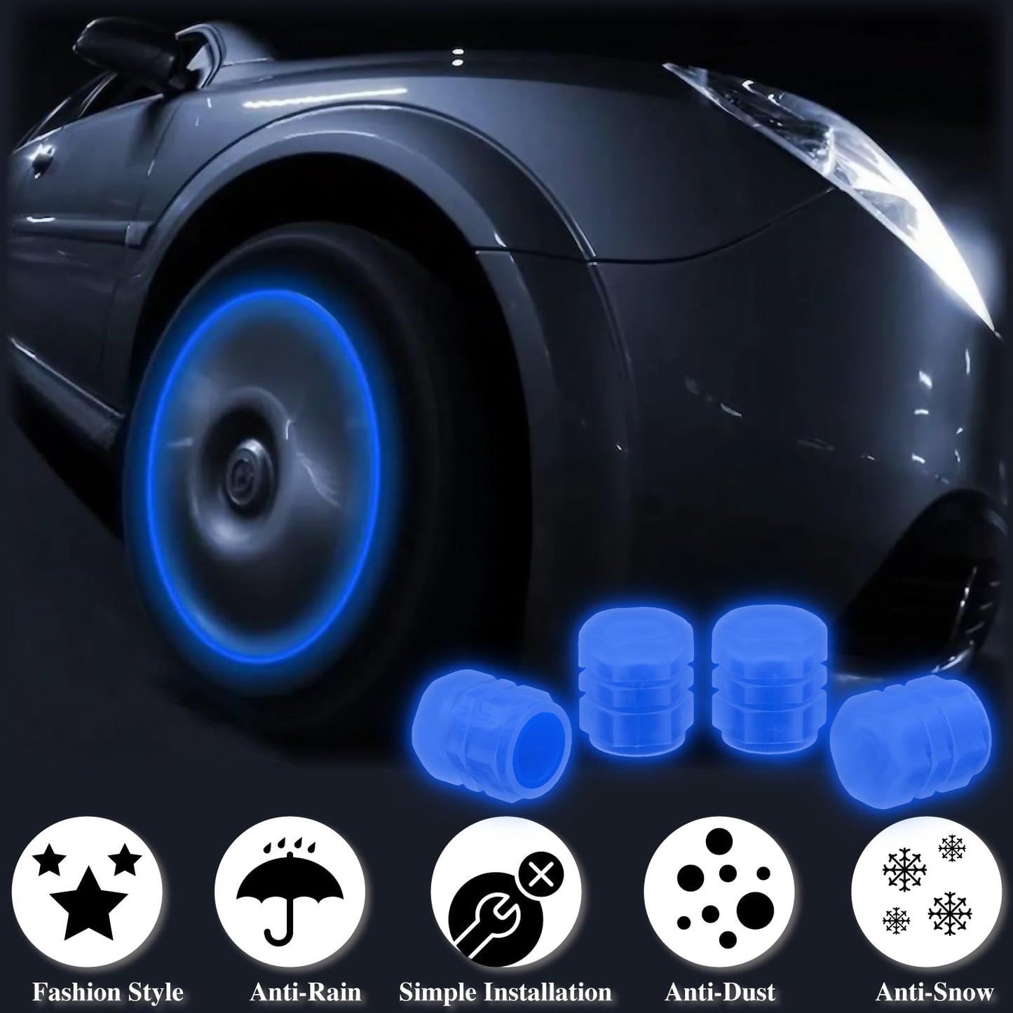 MEAJOO 4PCS Fluorescent Tire Valve Stem Caps, Luminous Car Tire Air Cap, Corrosion Resistant Leak-Proof Wheel Valve Cover, Universal for Cars, Trucks, Bikes, Motorcycles, Bicycles(Blue)