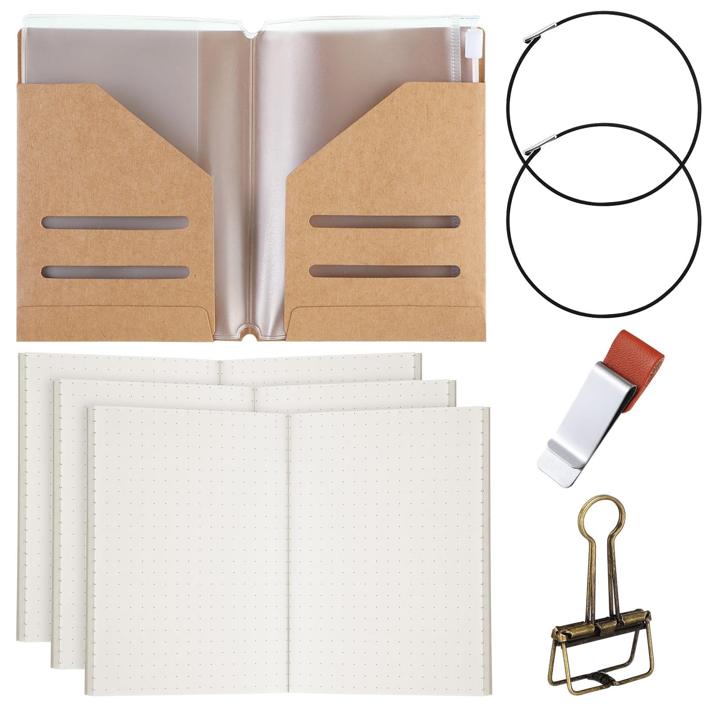 Thenshop Travelers Notebook Accessories Kit Include Dotted Passport Size Travelers Notebook Inserts, Travel Kraft File Folder, Zipper Case, Pen Holder, Binder Clip and Elastic Bands