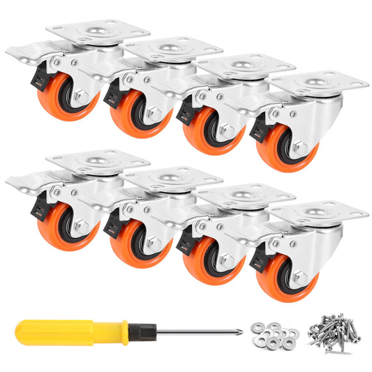 WBD 2" Plate Caster Wheels Set of 8, Heavy Duty Casters with Brake, 1200 Lbs, Safety Dual Locking, Industrial Swivel Top Plate Casters Wheels for Furniture, Carts (Screws and Screwdriver)