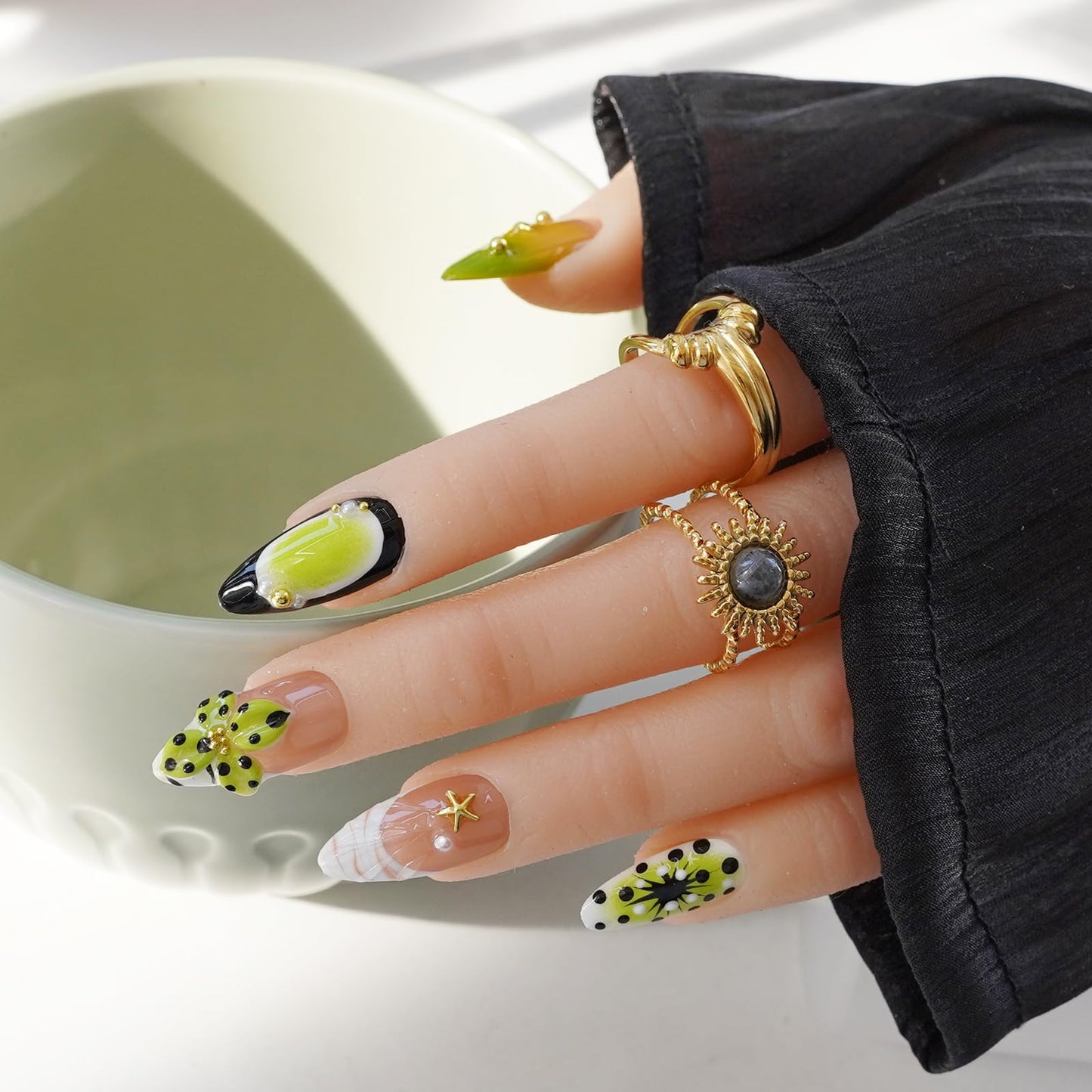 Handmade Press on Nails for Women - Medium Almond 3D Thick Acrylic Reusable Fake Nails with Designs Summer Floral Boho Funky Tropical Cute Nail-art Set 10pcs,neon-green,M