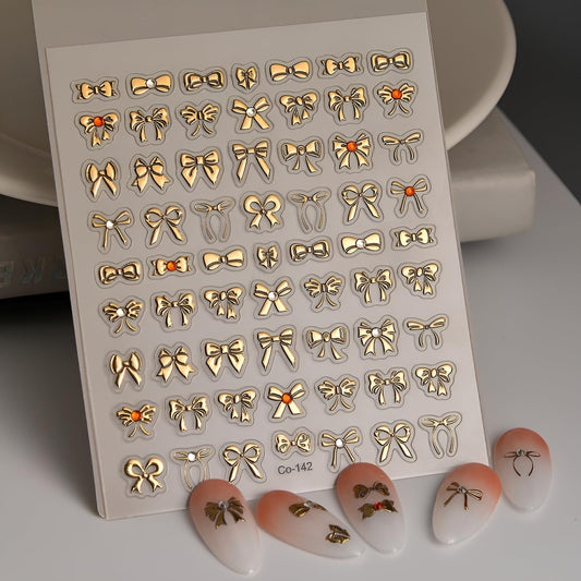 Gold Nail Stickers Gold Bow Nail Stickers for Nail Art 5D Self-Adhesive Nail Decals with Rhinestones Design Bow Nails Art Supplies Decoration Accessories for Women and Girls