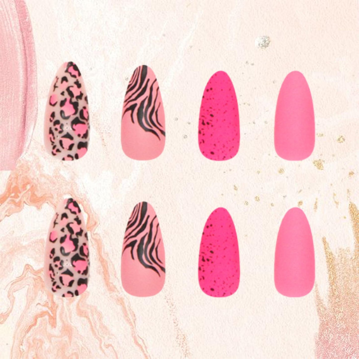 24pcs Pink Press-On Nails Long Stiletto Matte False Nails with Leopard Pattern Full Cover Pink False Nails Flame French Glue Ballerina Acrylic Nails Women's Nail Art Decoration