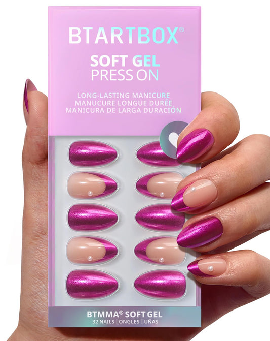 BTArtbox Press On Nails Short - Purple Chrome Almond French Tip Press On Nails with Glue for Women, Opaque Soft Gel Glue On Nails in 16 Sizes - 32 Stick On Nails Kit, Purple Pact