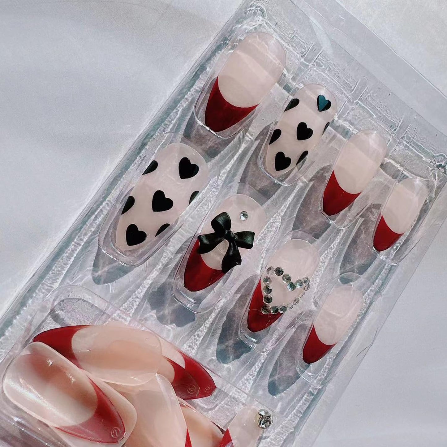 Wine Red French Press on Nails Medium Length Rhinestone Fake Nails Heart Bow Bling Glossy Artificial Nails Acrylic Glue on Nails Natural Stick on Nails for Women 24Pcs Medium French Nails