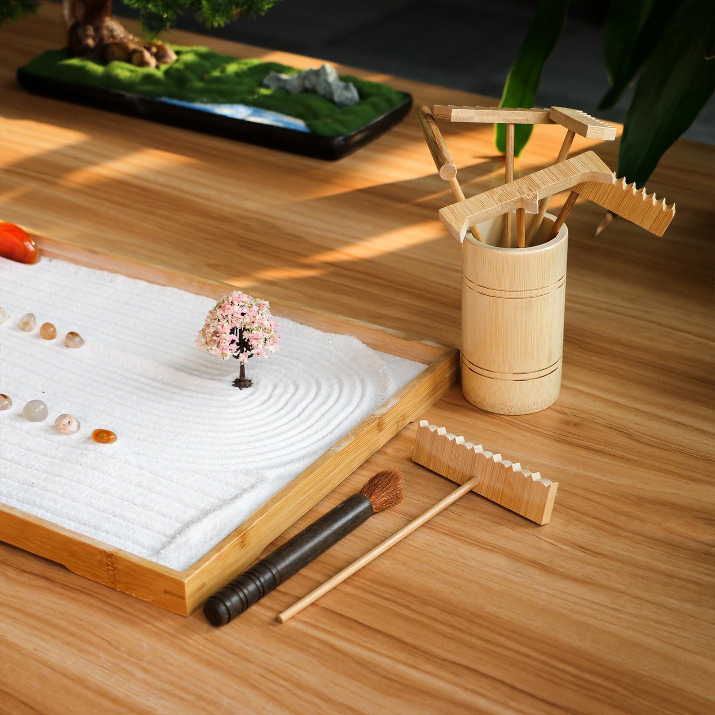 Zen Garden Rake Accessories - Miniature Tabletop Zen Garden Kits Tools w/Bamboo Rakes Holder Japanese Meditation Rock Sand Garden Kits Set for Birthday Zen Gifts Zen Room Decor
