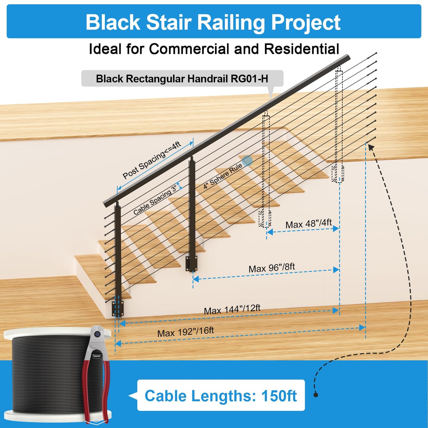 RailinGo 36" Side Mount Stair Railing Post, Stainless Steel Right Side 25~35° Stair Post w/Cable Grommets, Space-Saving Fascia Mount Deck Stair Railing System, 1/8" Black Cable Railing Kit, RG73