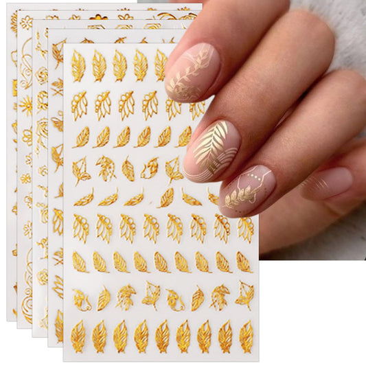 IDDFEVE Gold Leaves Nail Art Stickers - Minimalism Geometry Line Self-Adhesive 3D Nail Decals for DIY Golden Manicure(10 Sheets)