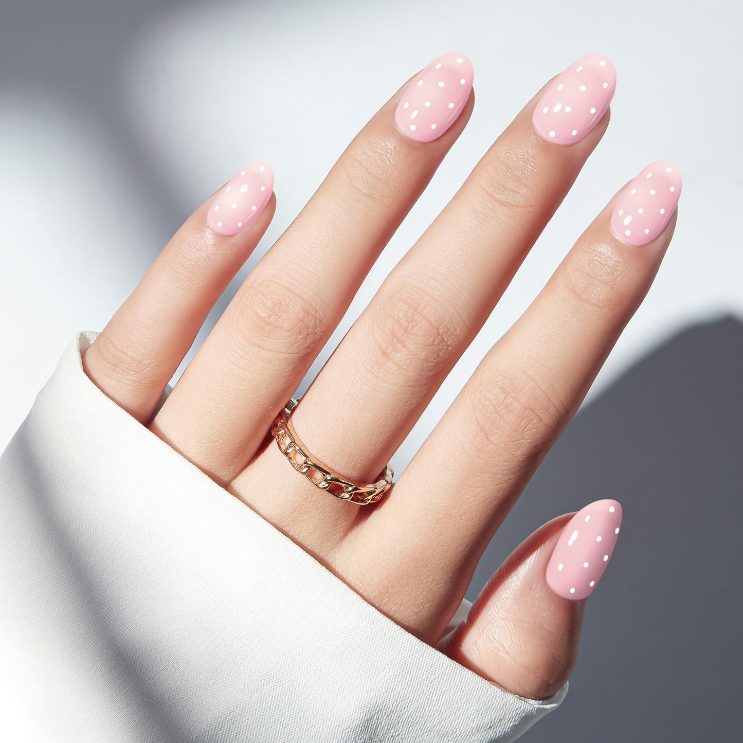 modelones Pink Short Polka Dot Press on Nails, Semi-Transparent Oval Fake Nails Kit Press Ons with Nail Glue, Adhesive Tabs, Nail File, Prep Pad, Manicure Stick, 32Pcs 16 Sizes, Spring Women Girl Gift