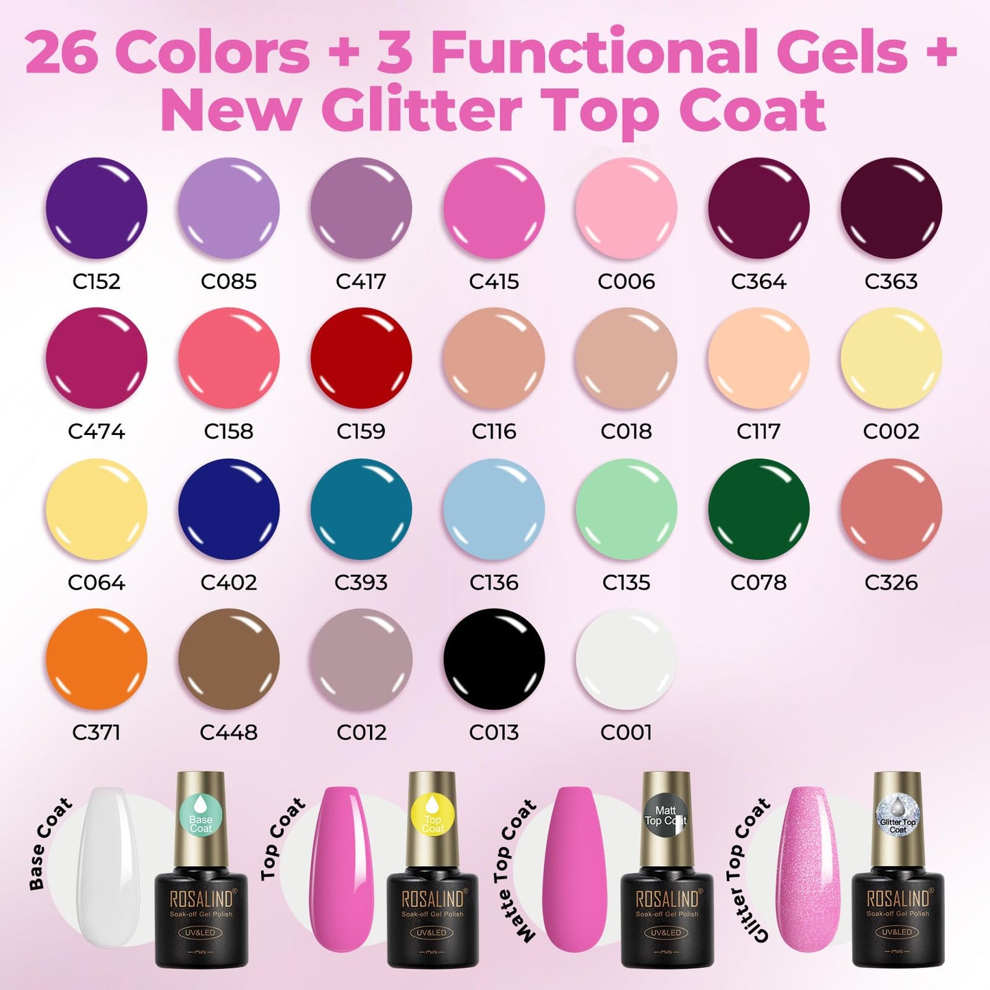 ROSALIND 30pcs Gel Nail Polish Set with Base and Glossy & Matte & Glitter Top Coat, 26 Colors Gel Polish Set Pink Nude Red Yellow Green Black White Nail Kit LED Needed Salon DIY Home Gift for Women