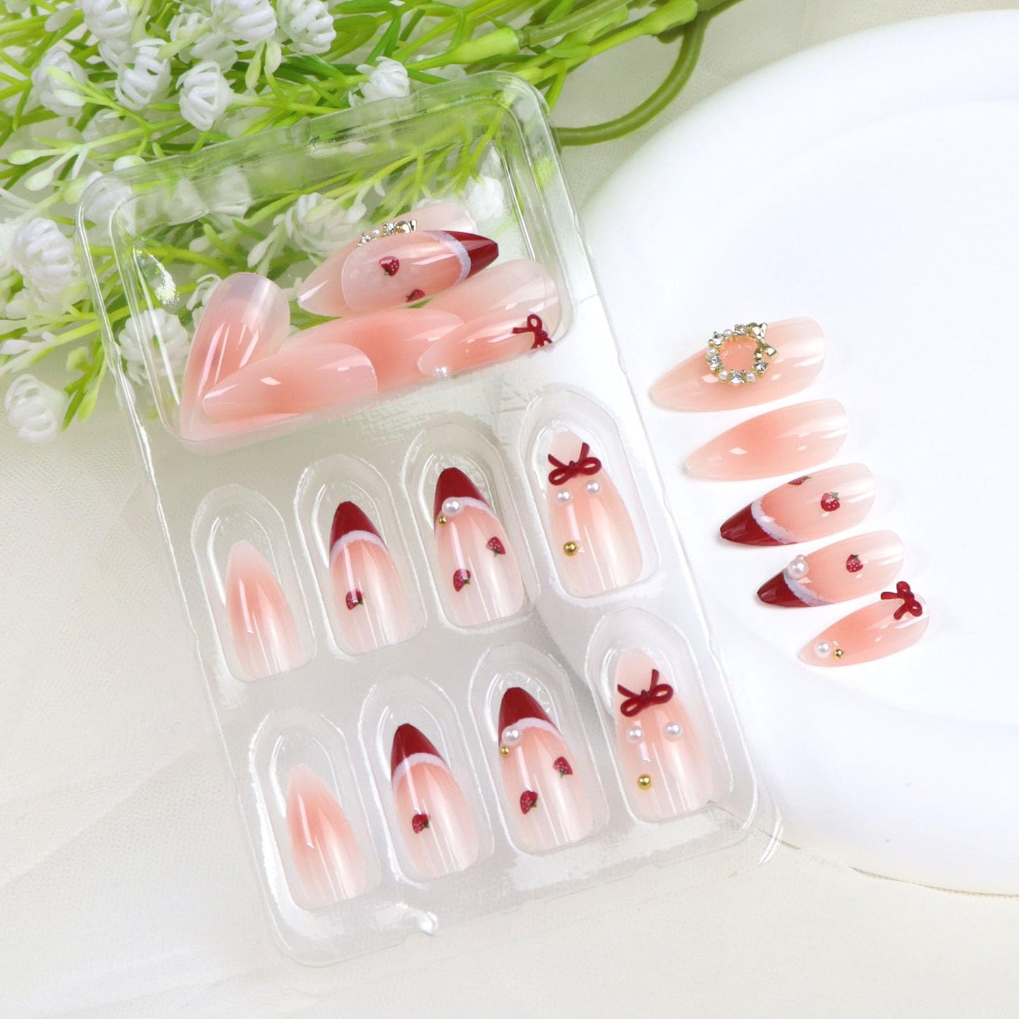 Almond Press on Nails Medium Blush Fake Nails with 3D Bow Rhinestones Pearl Strawberry Designs Red French Glue on Nails Press ons Pink Ombre Full Cover Reusable Stick on Nails Women 24Pcs
