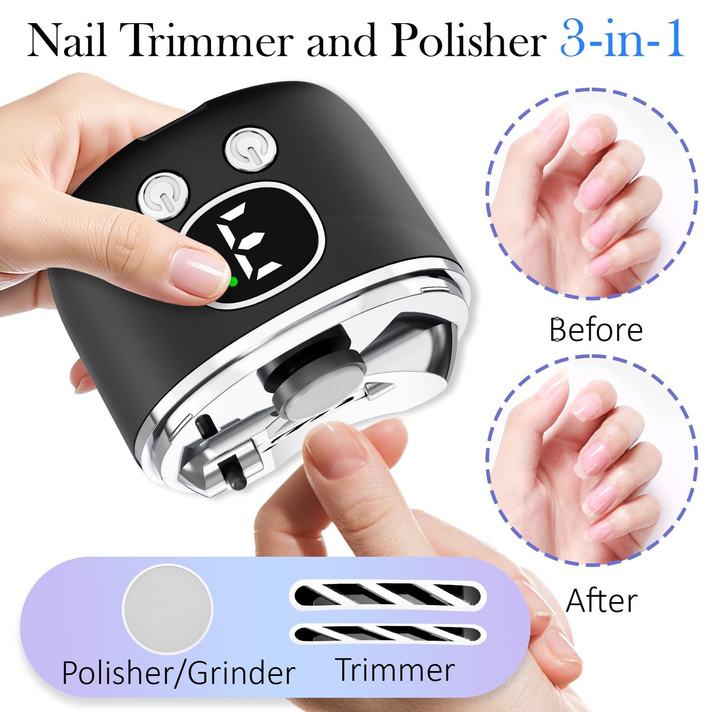 YunLuna 2026 New Electric Nail Clipper, 3-Speed Fingernail Trimmer with Magnifying Glass & Adjustable Trim Slot, Automatic Nail Clipper/Polisher/Grinder with Light Safe for Seniors Adults Kids, Black