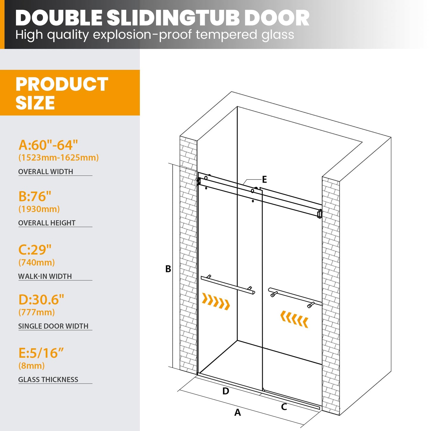 Bathroom Double Sliding Shower Door, 64" W × 76" H Frameless Shower Enclosure with 5/16"(8mm) Clear Tempered Glass Door, Matte Black Hardware, for Walk-in Bathroom