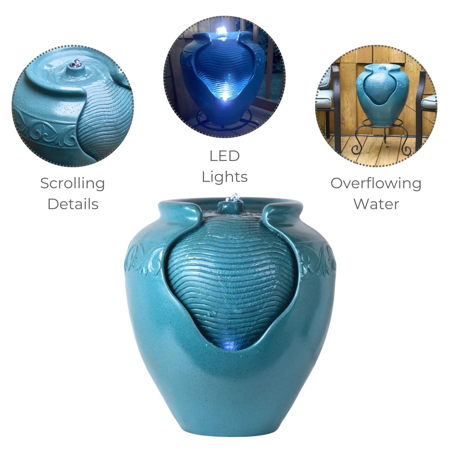 Teamson Home Floor Glazed Pot Water Fountain with Built-in LED Light and Pump for Outdoor Indoor Patio Garden Backyard Decking Home Décor, 17 inch Height, Teal
