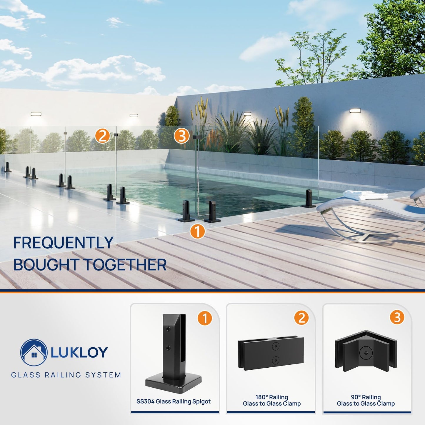 LukLoy 6 Pack NW. 2.1lb T304 Stainless Steel Glass Railing Spigot Heavy-Duty Matte Black Clamp Post Glass Railing System, No-Drill Design for Pool, Deck, Stair, Balustrade, Balcony - Level 2