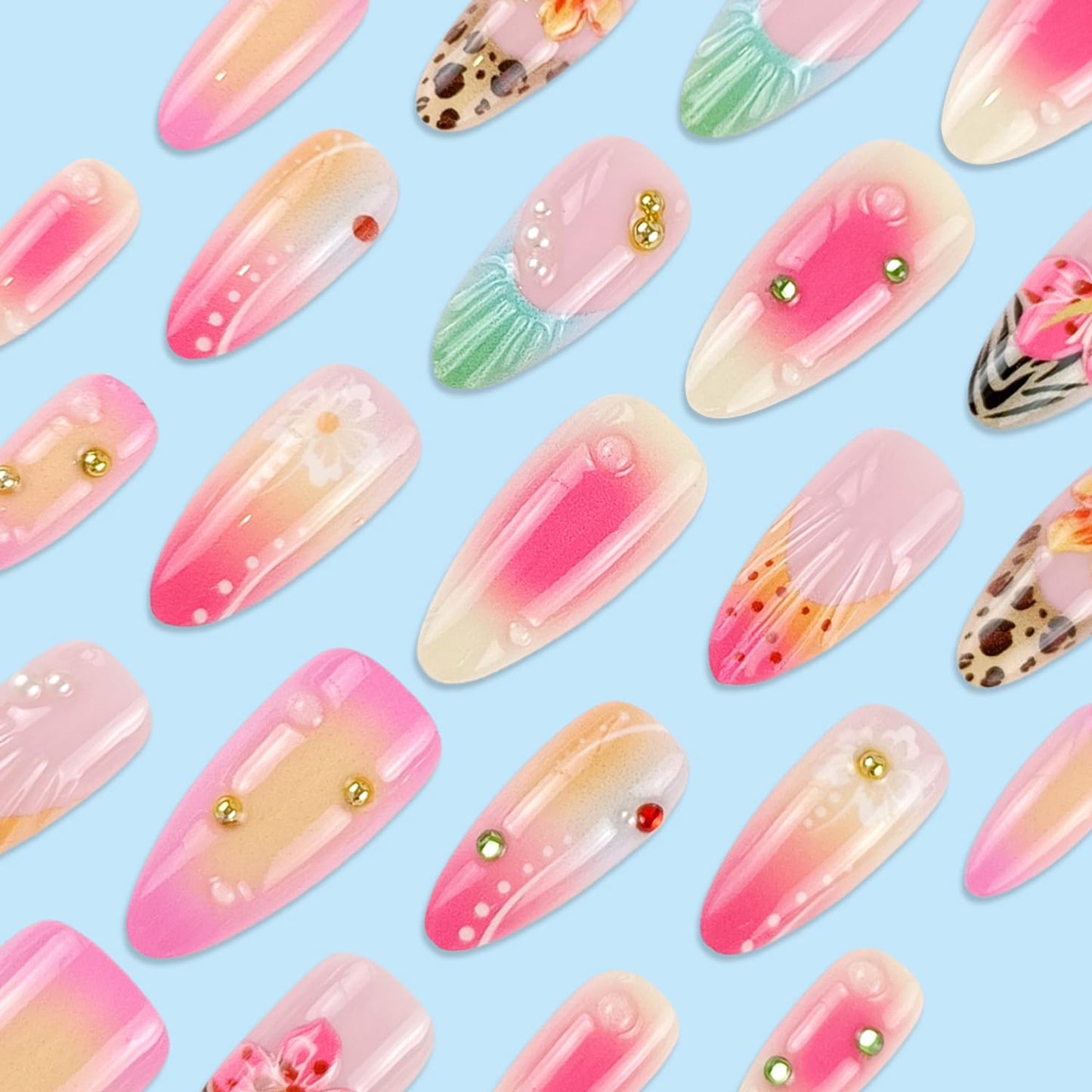 24pcs Handmade Press on Nails Summer Pink Flower Fake Nails French Tip Rhinestones Design Hawaii False Nails beach Short Stick on Nails Full Cover Artificial Glue on Nails for Women Summer Kit